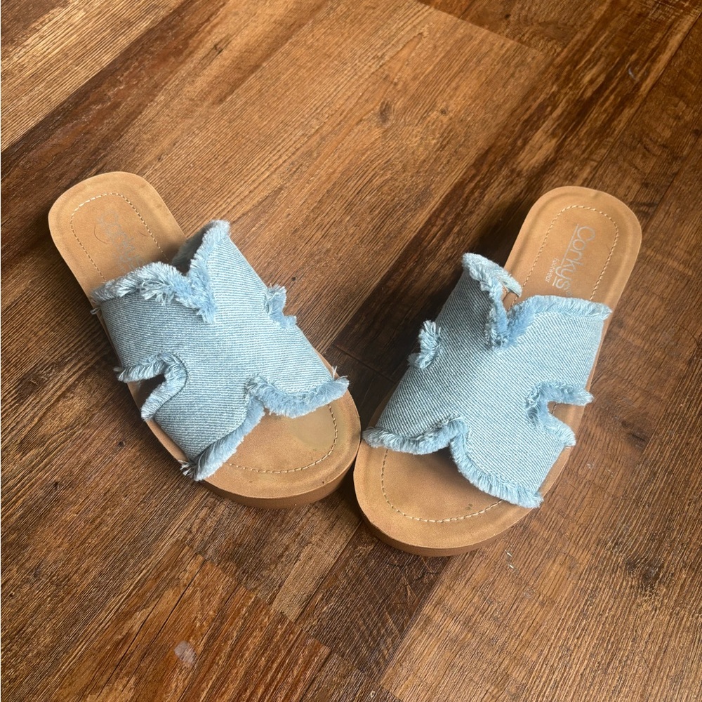 Corkys Light Blue Denim Slide Sandals